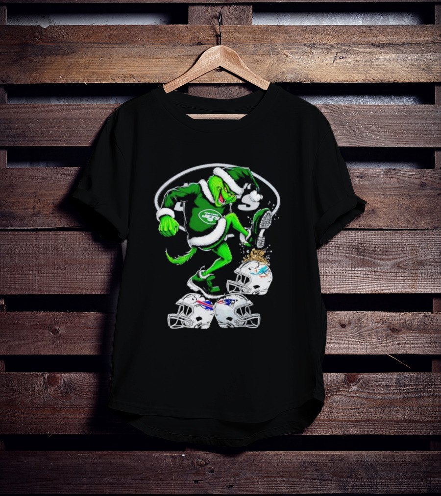 New York Jets Grinch Santa Stomping NFL Helmets Funny Christmas T-Shirt