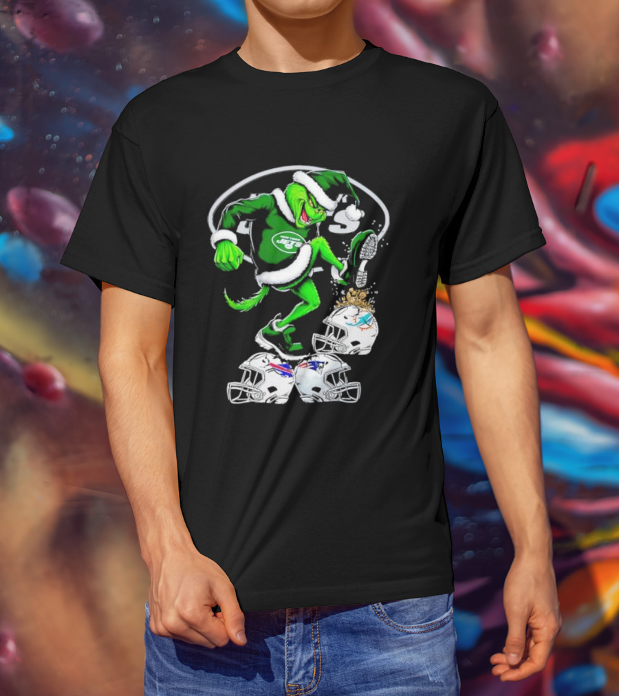 New York Jets Grinch Santa Stomping NFL Helmets Funny Christmas T-Shirt