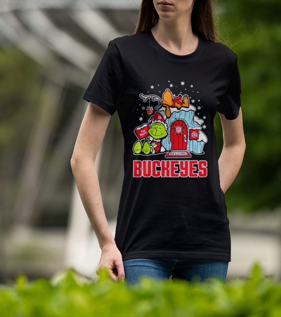 Peanuts Grinch Ohio State Buckeyes Go Bucs Merry Xmas Snoopy Woodstock T-Shirt