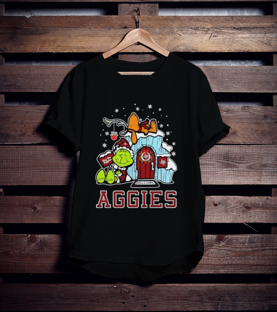 Peanuts Aggies Grinch Snoopy Christmas Hut Texas Holiday T-Shirt