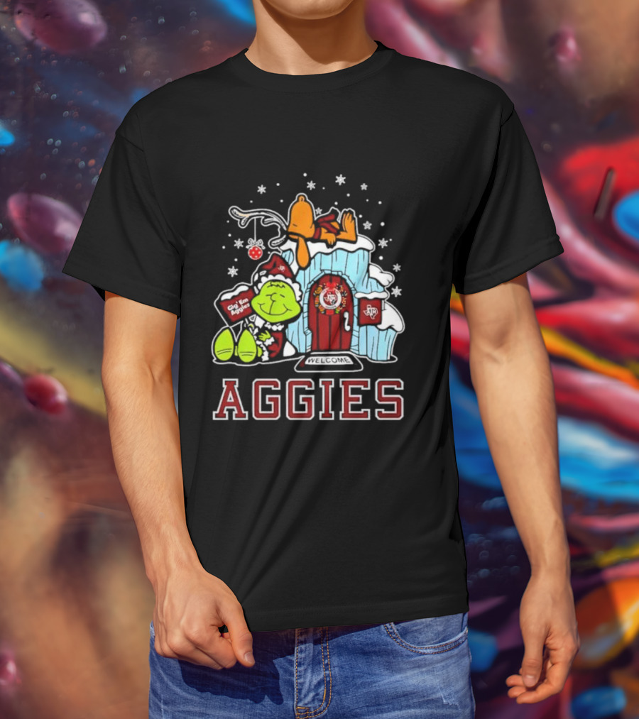Peanuts Aggies Grinch Snoopy Christmas Hut Texas Holiday T-Shirt