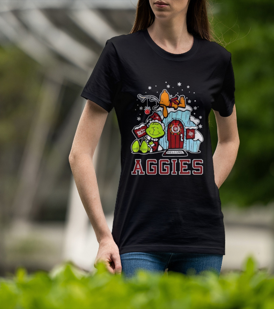 Peanuts Aggies Grinch Snoopy Christmas Hut Texas Holiday T-Shirt