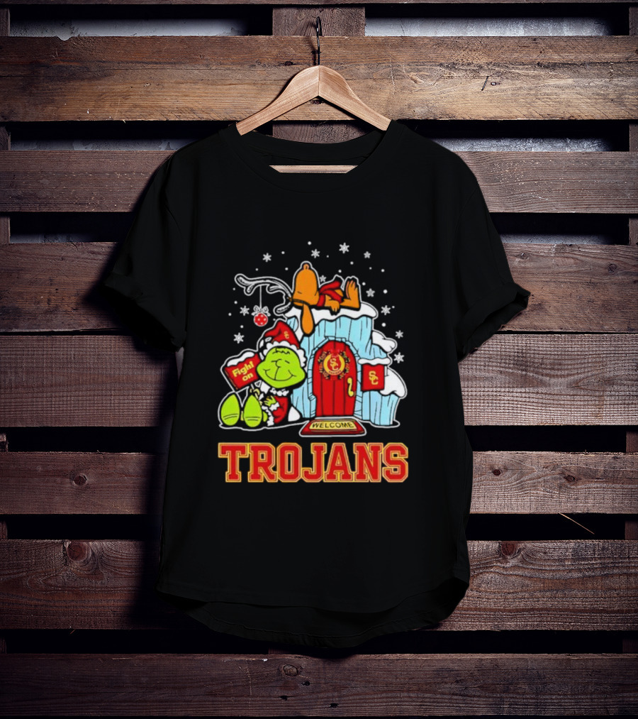Peanuts USC Trojans Grinch Snoopy Christmas Fight On Welcome T-Shirt