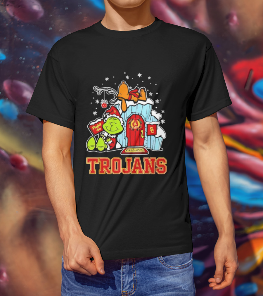 Peanuts USC Trojans Grinch Snoopy Christmas Fight On Welcome T-Shirt