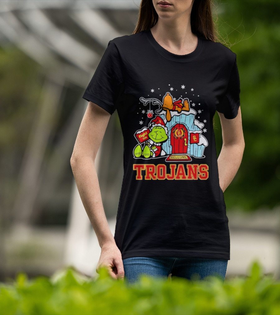 Peanuts USC Trojans Grinch Snoopy Christmas Fight On Welcome T-Shirt