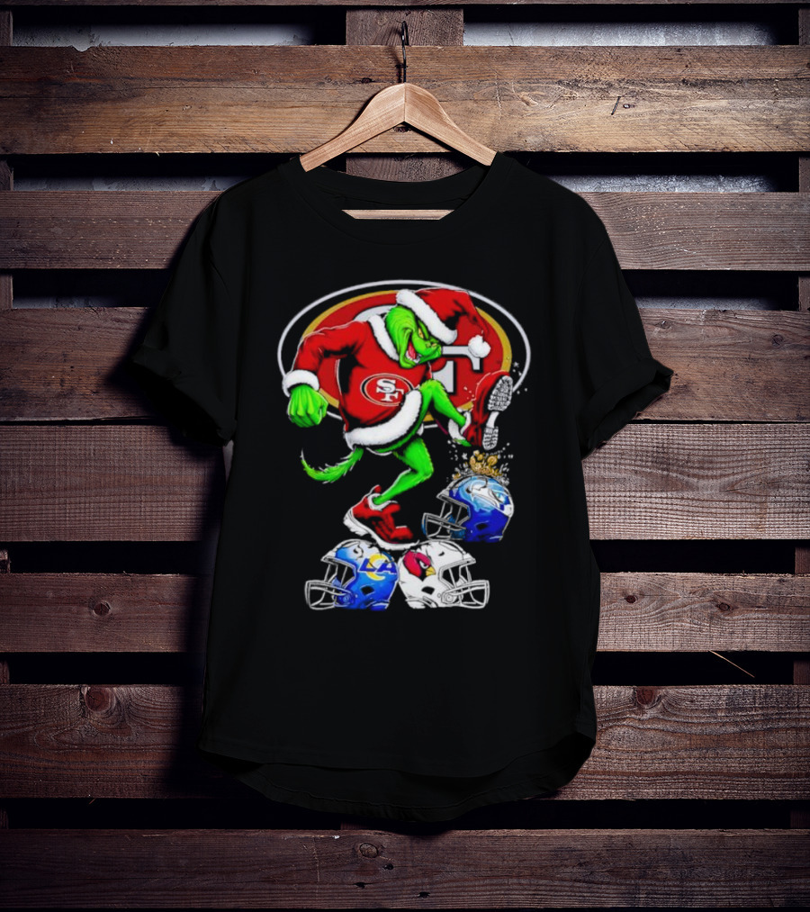 San Francisco 49ers Grinch In Santa Suit Stomps NFL Helmets Rams Cardinals Christmas T-Shirt