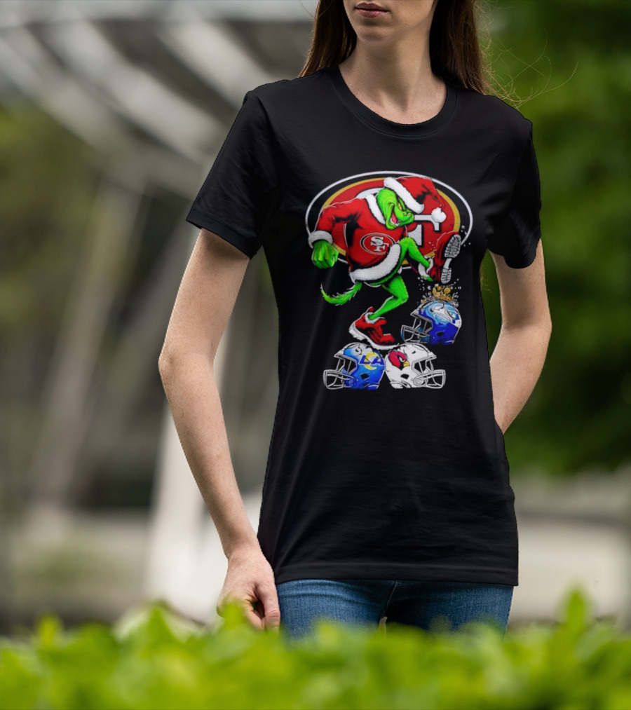 San Francisco 49ers Grinch In Santa Suit Stomps NFL Helmets Rams Cardinals Christmas T-Shirt