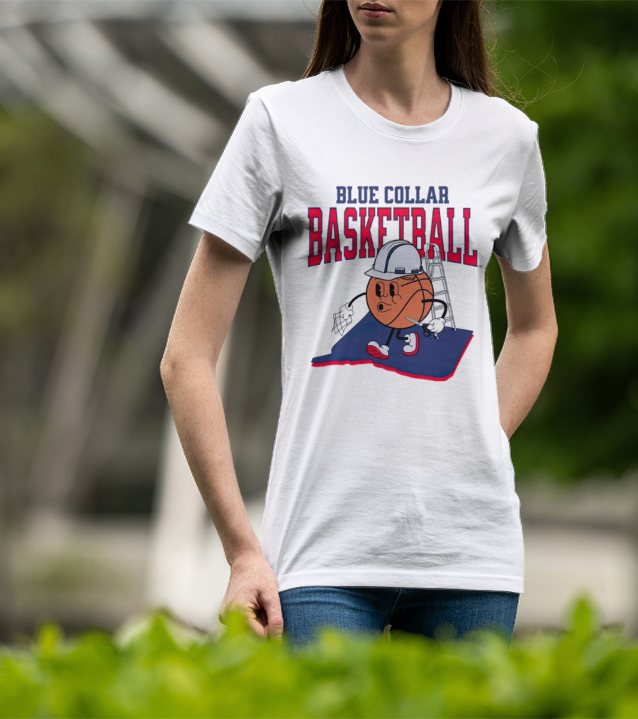 Blue Collar Basketball Hard Hat Hoop Cartoon T-Shirt
