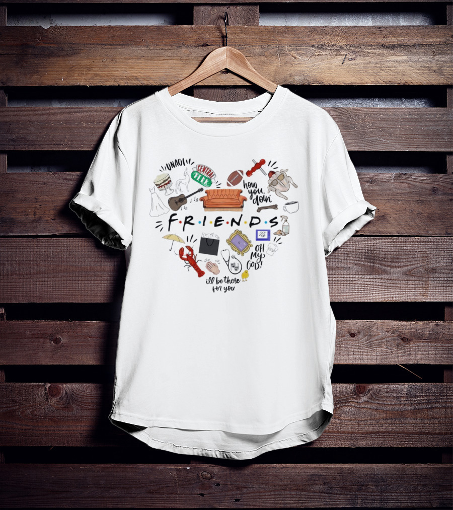 Friends TV Show Christmas Icons Unagi Central Perk Couch Football Turkey How You Doin' I'll Be There For You T-Shirt