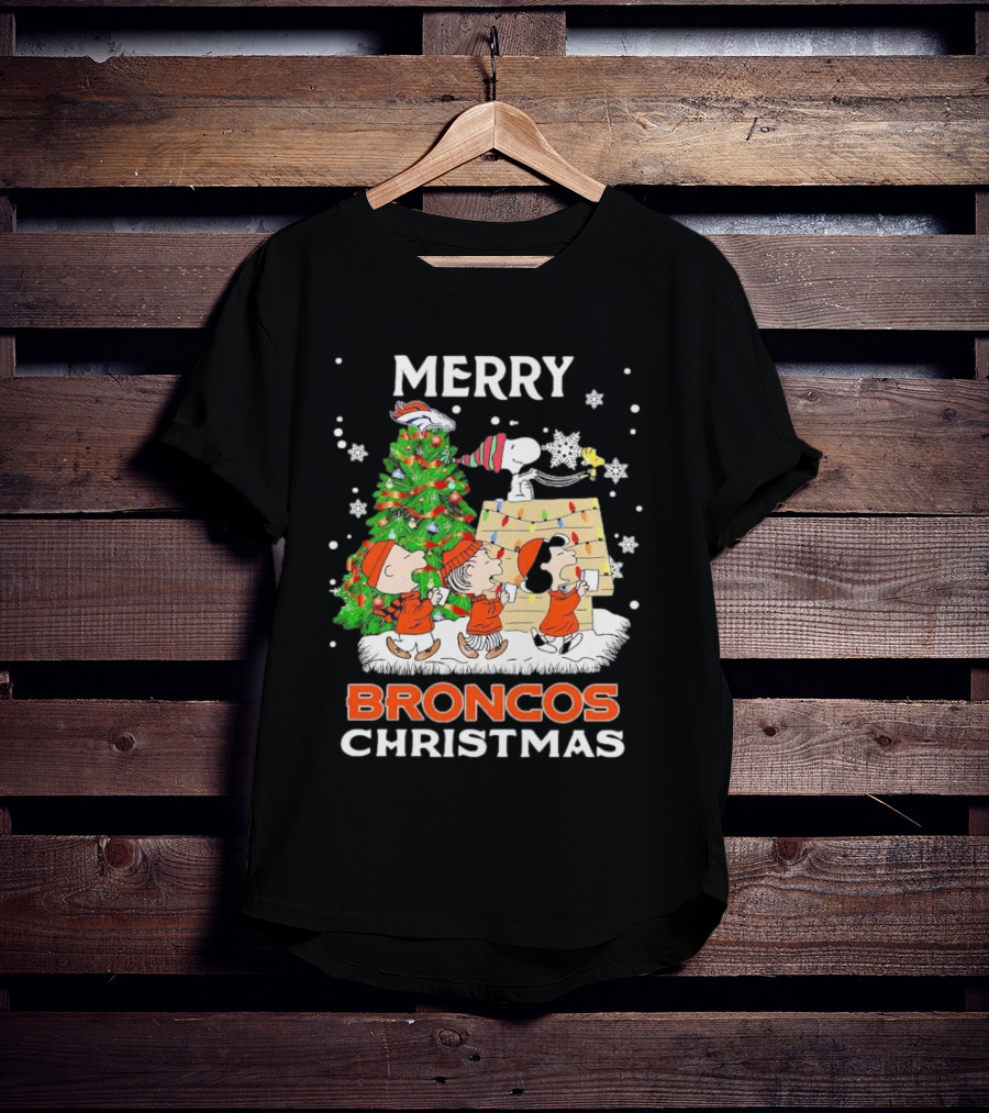 Merry Broncos Christmas Peanuts Characters T-Shirt