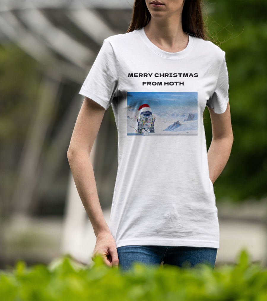 R2-D2 Merry Christmas From Hoth Santa Hat Lights Snowy Scene T-Shirt