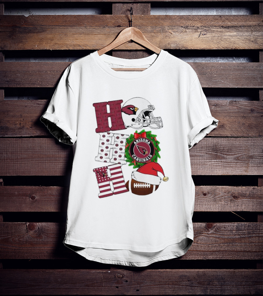 Arizona Cardinals Helmet Wreath Football Ho Ho Ho Merry Christmas T-Shirt