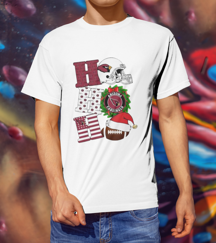 Arizona Cardinals Helmet Wreath Football Ho Ho Ho Merry Christmas T-Shirt