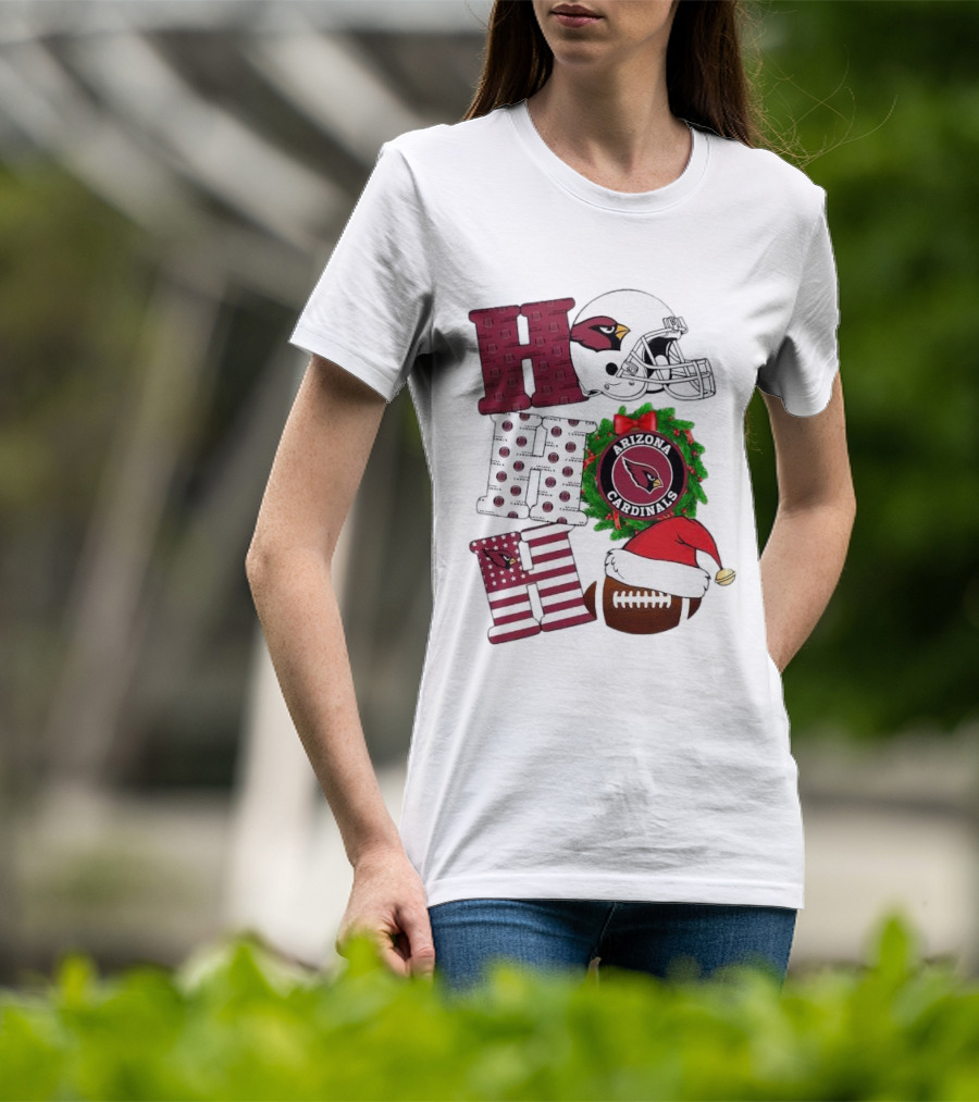 Arizona Cardinals Helmet Wreath Football Ho Ho Ho Merry Christmas T-Shirt