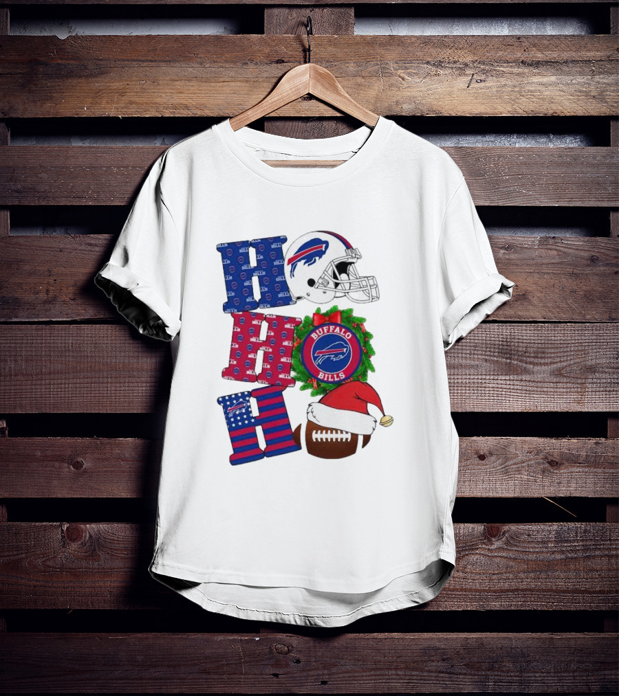 Buffalo Bills Helmet Wreath Football Santa Hat Ho Ho Ho Merry Christmas T-Shirt
