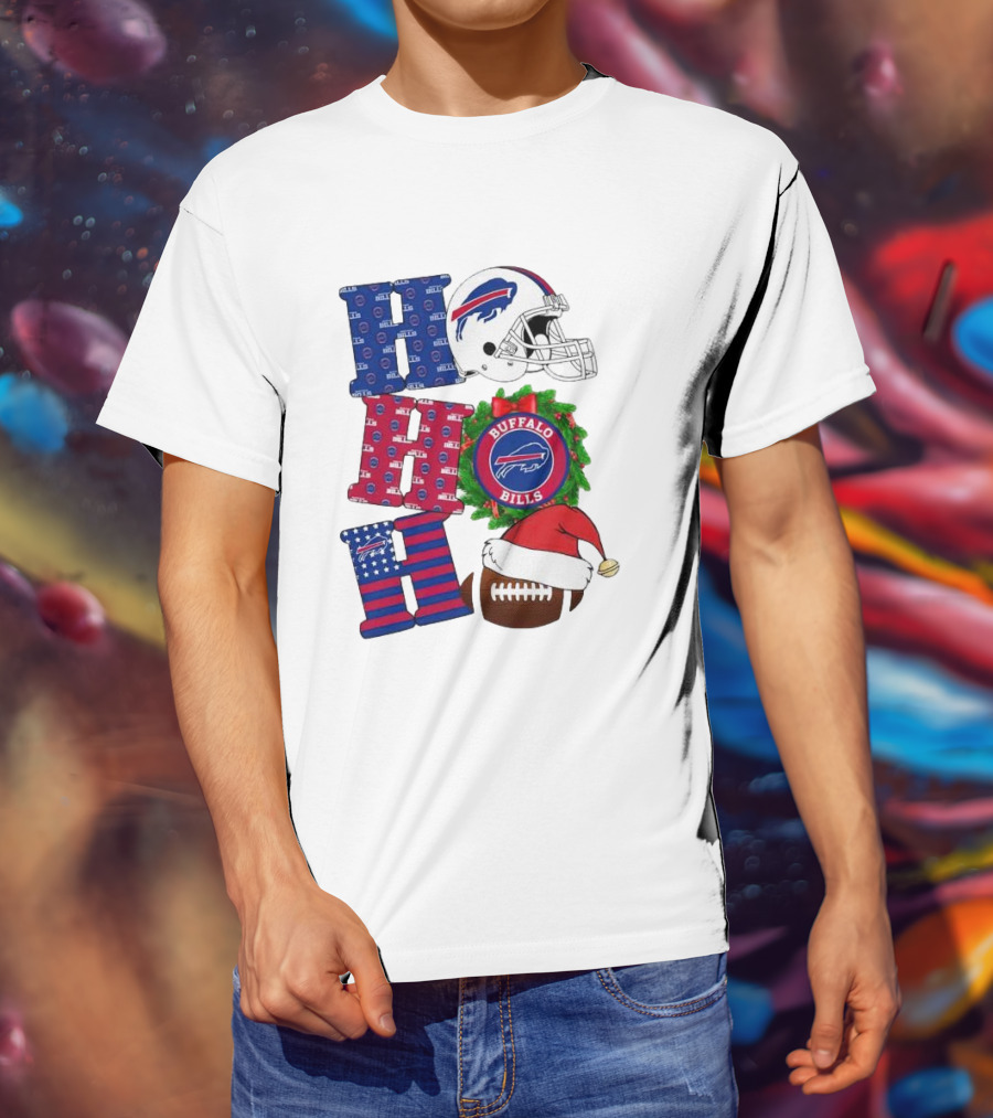Buffalo Bills Helmet Wreath Football Santa Hat Ho Ho Ho Merry Christmas T-Shirt