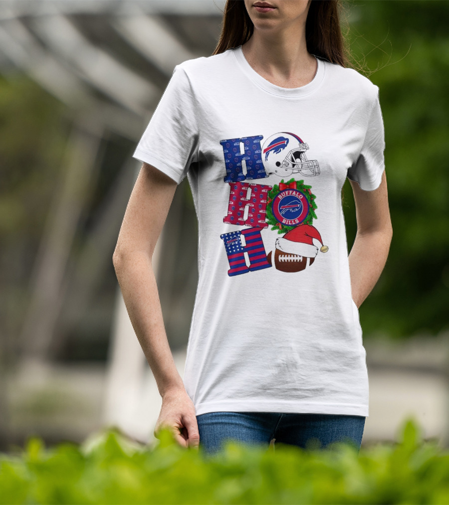 Buffalo Bills Helmet Wreath Football Santa Hat Ho Ho Ho Merry Christmas T-Shirt