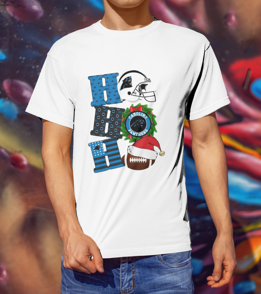 Carolina Panthers Ho Ho Ho Merry Christmas Football Helmet Wreath Santa Hat T-Shirt