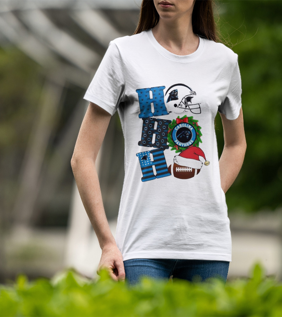 Carolina Panthers Ho Ho Ho Merry Christmas Football Helmet Wreath Santa Hat T-Shirt