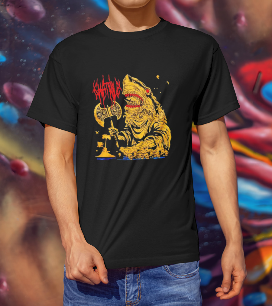 Chat Pile Shark With Axe On Tropical Beach T-Shirt