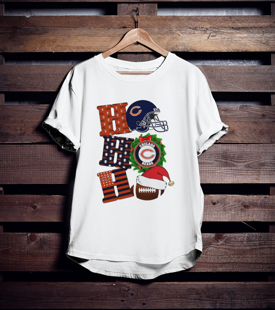 Chicago Bears Ho Ho Ho Merry Christmas Football Helmet Wreath Santa Hat T-Shirt
