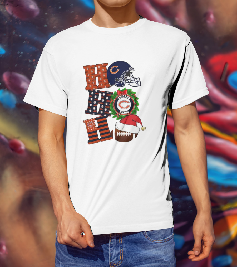 Chicago Bears Ho Ho Ho Merry Christmas Football Helmet Wreath Santa Hat T-Shirt