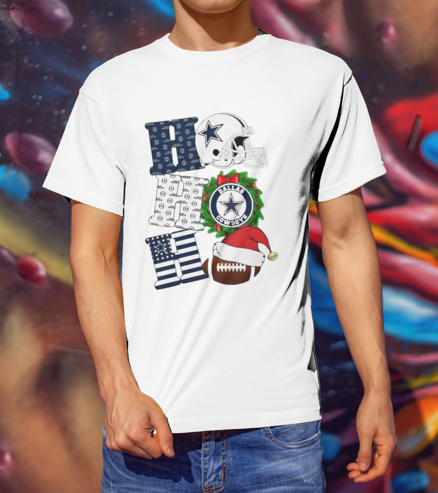 Dallas Cowboys Helmet Wreath Football Christmas Ho Ho Ho Merry Christmas T-Shirt