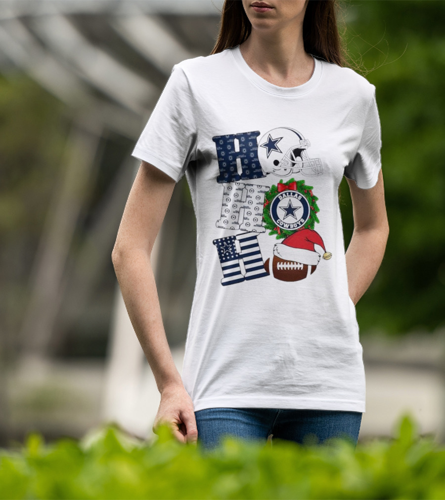 Dallas Cowboys Helmet Wreath Football Christmas Ho Ho Ho Merry Christmas T-Shirt