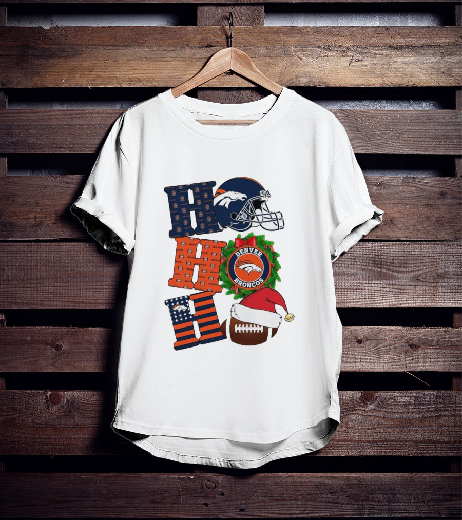 Denver Broncos Ho Ho Ho Merry Christmas Football Helmet Wreath Santa Hat Holiday T-Shirt