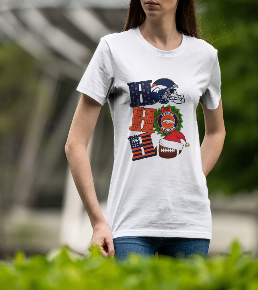 Denver Broncos Ho Ho Ho Merry Christmas Football Helmet Wreath Santa Hat Holiday T-Shirt