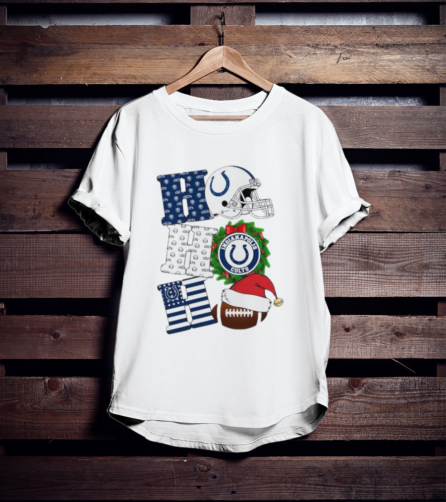 Indianapolis Colts Ho Ho Ho Merry Christmas Football Festive Logo Helmet Wreath Santa Hat T-Shirt
