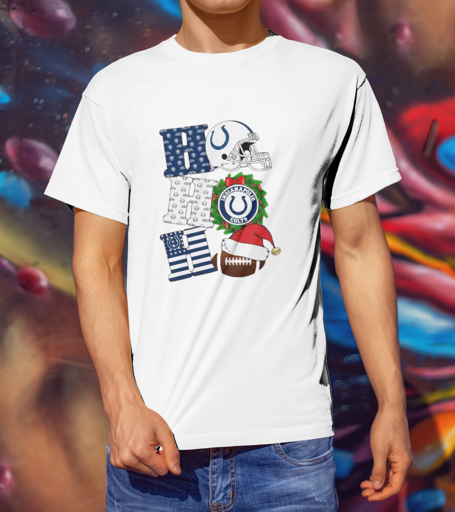 Indianapolis Colts Ho Ho Ho Merry Christmas Football Festive Logo Helmet Wreath Santa Hat T-Shirt