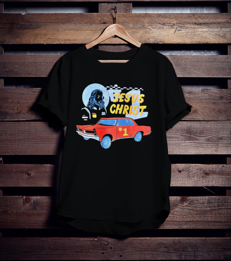 Jesus Christ Racing Champion With Red Car And Checkered Flag T-Shirt