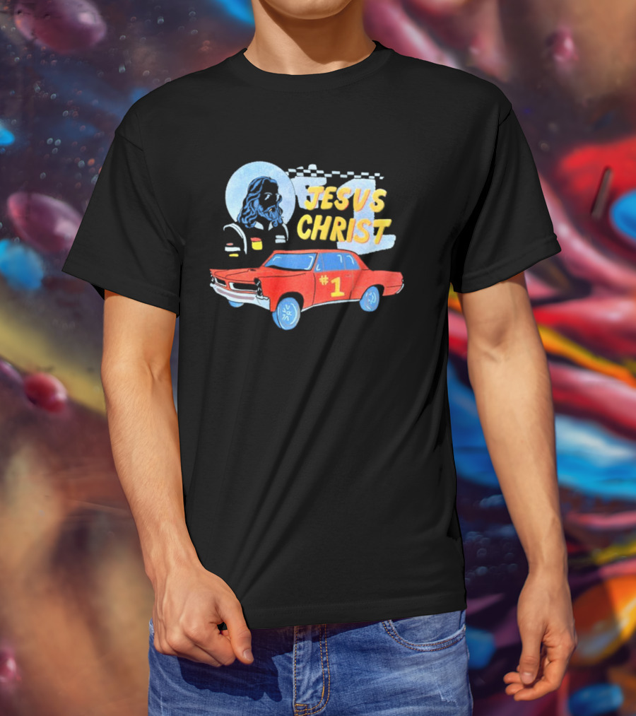 Jesus Christ Racing Champion With Red Car And Checkered Flag T-Shirt