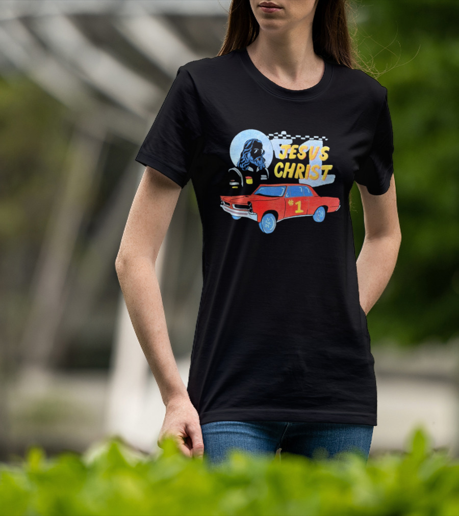 Jesus Christ Racing Champion With Red Car And Checkered Flag T-Shirt