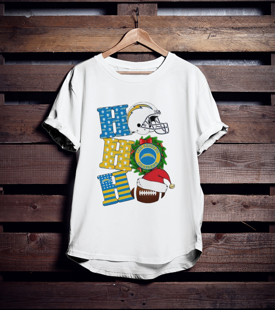 Los Angeles Chargers Ho Ho Ho Merry Christmas Wreath Helmet Football Santa Hat Featured T-Shirt