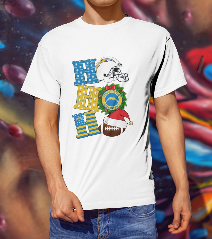 Los Angeles Chargers Ho Ho Ho Merry Christmas Wreath Helmet Football Santa Hat Featured T-Shirt