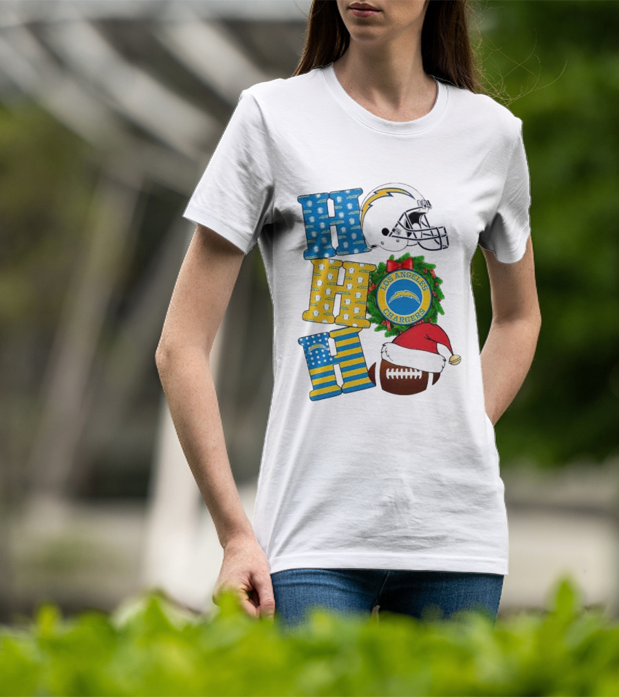 Los Angeles Chargers Ho Ho Ho Merry Christmas Wreath Helmet Football Santa Hat Featured T-Shirt