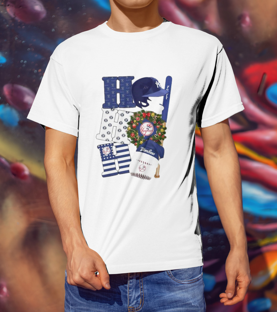 New York Yankees Ho Ho Ho Merry Christmas Yankees Caps Wreath Baseball Bat T-Shirt