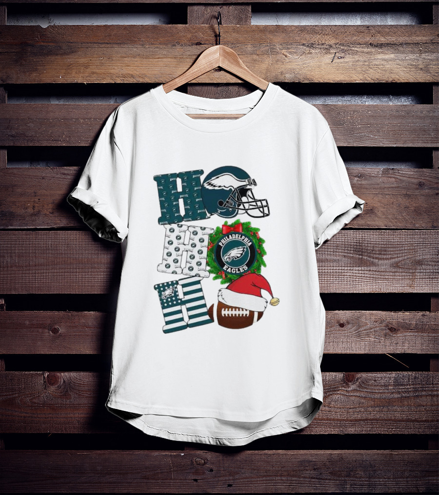 Philadelphia Eagles Ho Ho Ho Merry Christmas Football Helmet Wreath Santa Hat T-Shirt