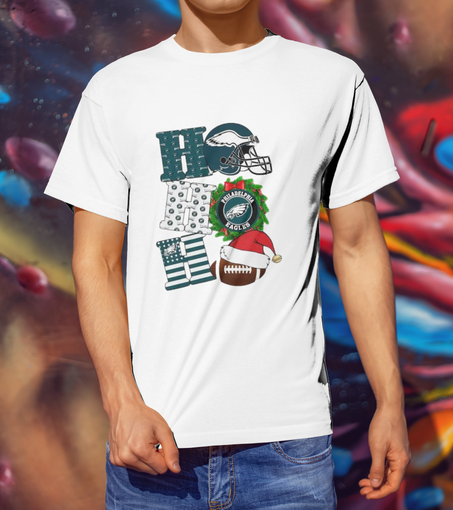 Philadelphia Eagles Ho Ho Ho Merry Christmas Football Helmet Wreath Santa Hat T-Shirt