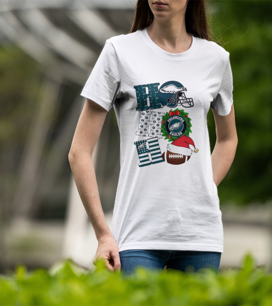 Philadelphia Eagles Ho Ho Ho Merry Christmas Football Helmet Wreath Santa Hat T-Shirt