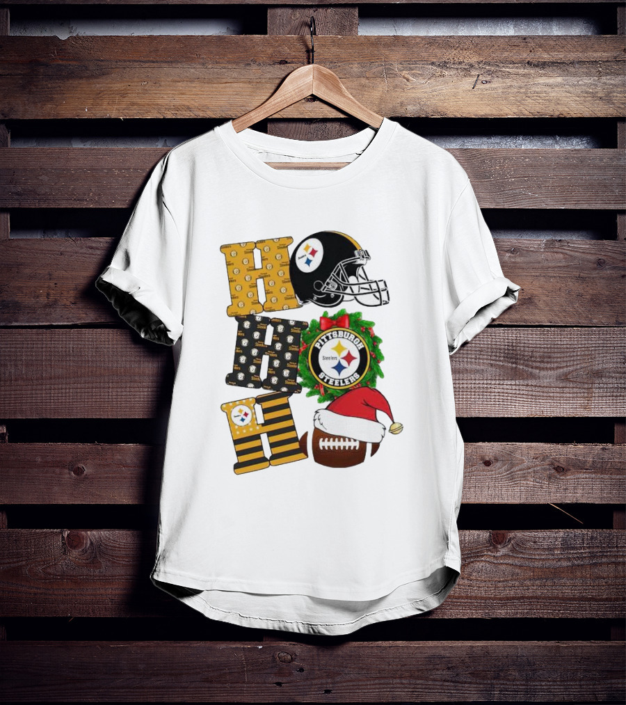 Pittsburgh Steelers Ho Ho Ho Merry Christmas Football Helmet Wreath Santa Hat T-Shirt