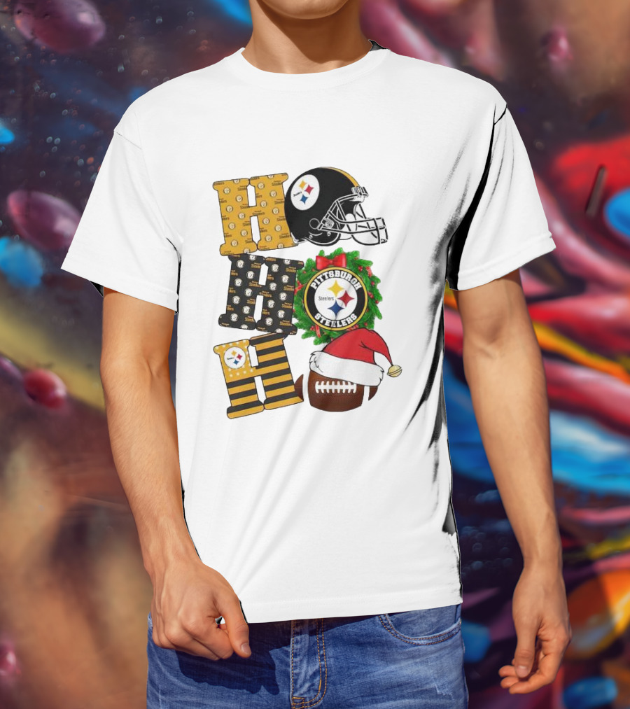 Pittsburgh Steelers Ho Ho Ho Merry Christmas Football Helmet Wreath Santa Hat T-Shirt