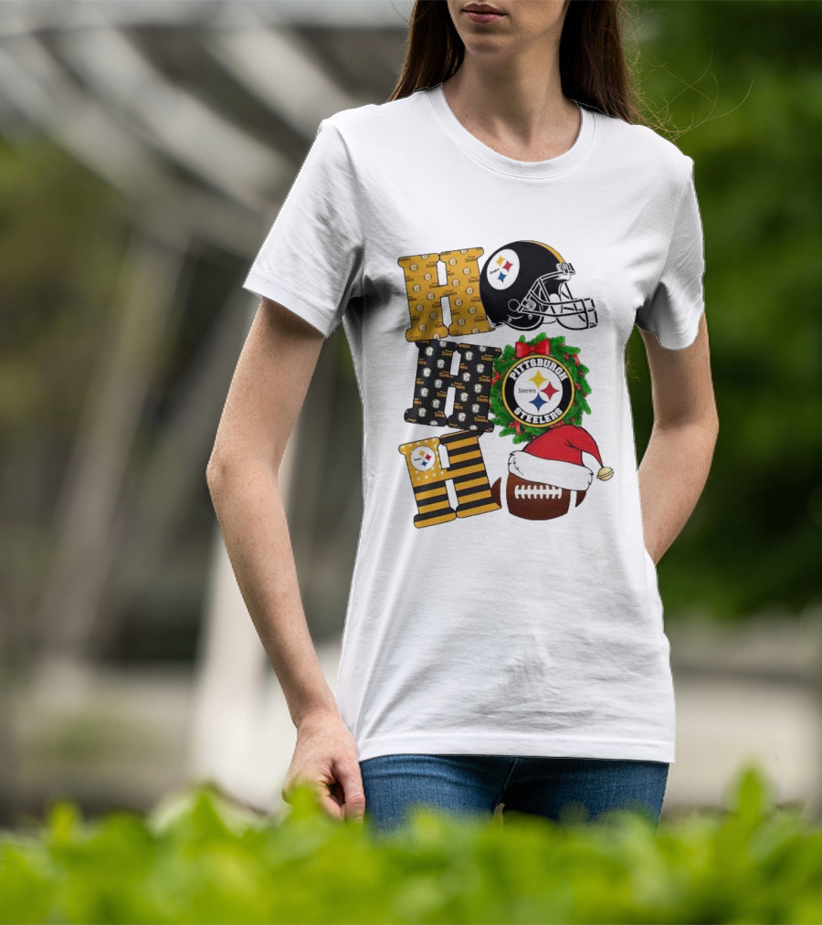 Pittsburgh Steelers Ho Ho Ho Merry Christmas Football Helmet Wreath Santa Hat T-Shirt