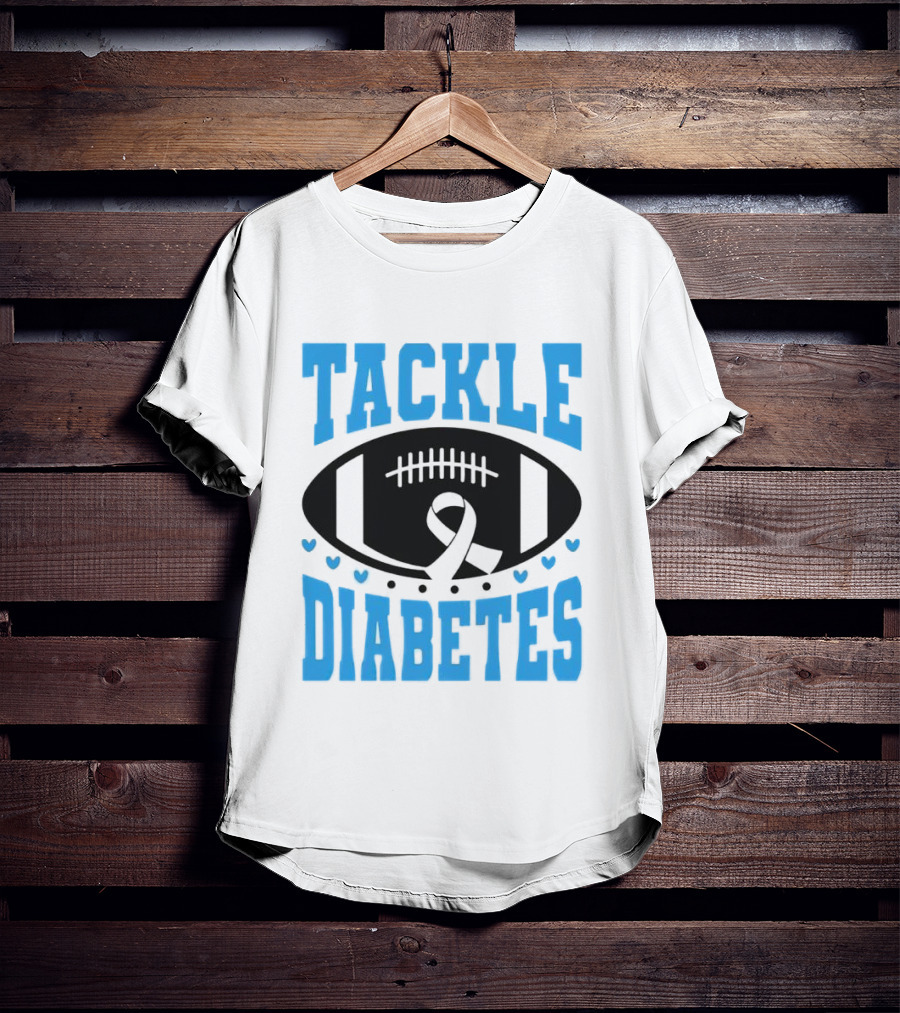 Tackle Diabetes Awareness Football Design With Blue Ribbon And Hearts T-Shirt
