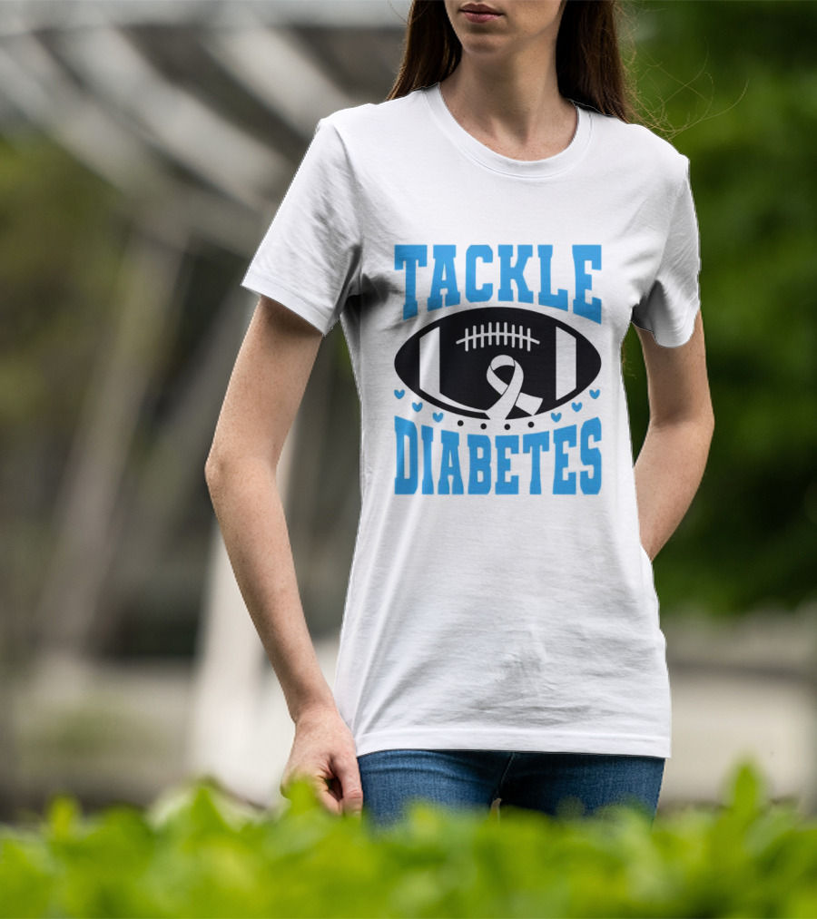 Tackle Diabetes Awareness Football Design With Blue Ribbon And Hearts T-Shirt