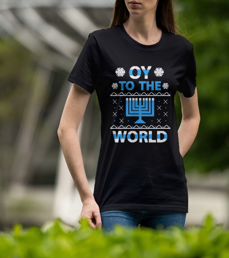 Oy To The World Happy Hanukkah Menorah Snowflakes T-Shirt