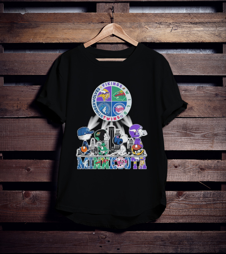 Peanuts Characters Minnesota Vikings Timberwolves Wild Twins Walking In Minnesota T-Shirt