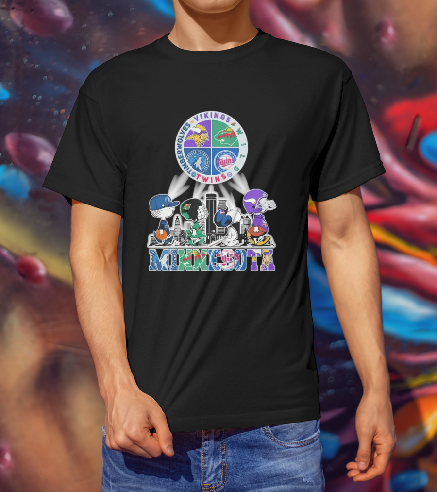 Peanuts Characters Minnesota Vikings Timberwolves Wild Twins Walking In Minnesota T-Shirt